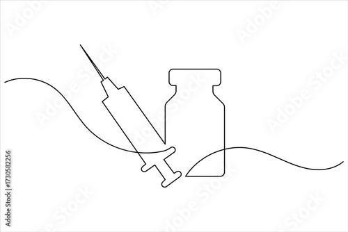 Syringe and medicine bottle continuous one line art vector illustration