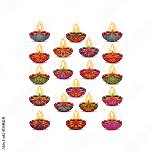 Collection of decorative diwali oil lamps lit up isolated on black background isolated on white background isolated on transparent background