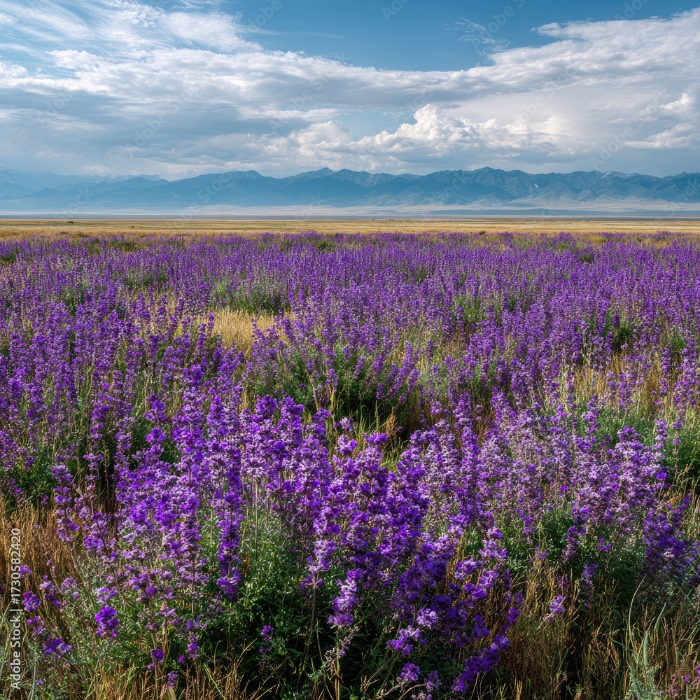 Naklejka premium Vast field of vibrant purple wildflowers stretches to distant mountains under a partly cloudy sky