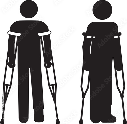 Two figures using crutches silhouette
