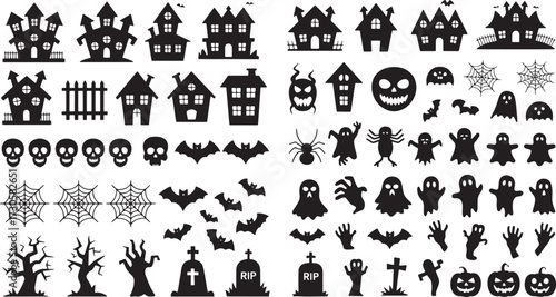 Set of halloween silhouettes black icon and character. Vector illustration. Isolated on white background