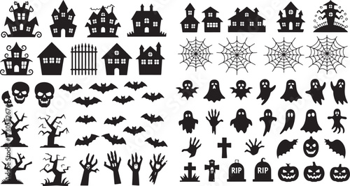 Big Set of halloween silhouettes black icon and character. Vector illustration. Isolated on transparent background.