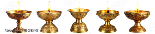 PNG Ornate Golden Diya Oil Lamp, element set on transparent background