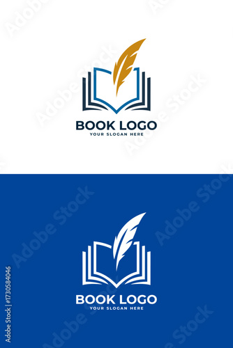 book logo design with feather quill pen template illustration