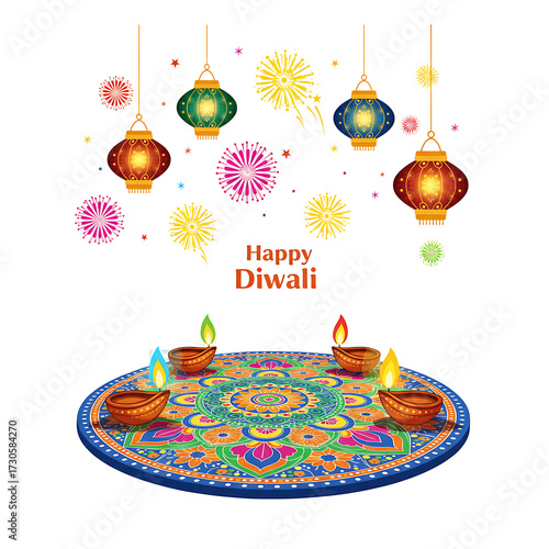 Diwali celebration with illuminated lanterns and rangoli isolated on black background isolated on white background isolated on transparent background
