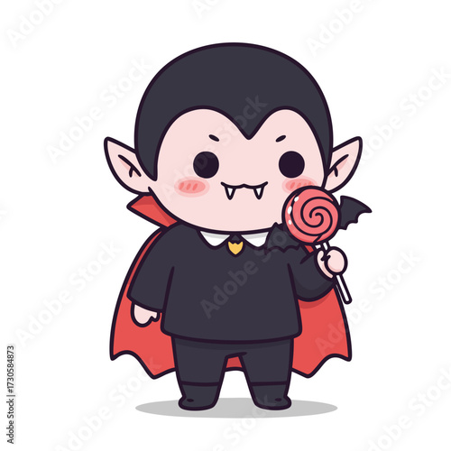 vampire with rosy cheeks, holding a lollipop shaped like a bat, small sharp teeth, 