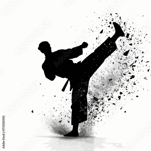 Martial artist silhouette performing a powerful high kick with a shattering explosion effect. Concept for strength, power, and combat sports. Isolated vector graphic.