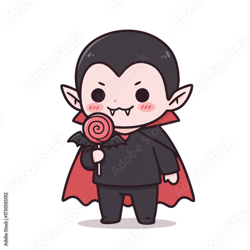 vampire with rosy cheeks, holding a lollipop shaped like a bat, small sharp teeth, 