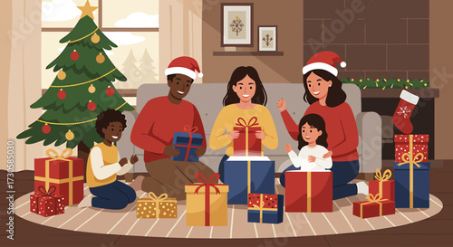 This flat design illustration depicts a joyful multiracial family celebrating Christmas by opening presents together in a cozy living room. It captures the warmth and excitement of the holiday season 