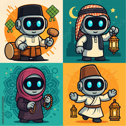 Eid Mubarak Robot Set — Cute Islamic Tech Characters with Lantern & Ketupat (4 Panels)