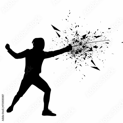 Dynamic silhouette of a fencer lunging with a sword, creating a powerful shattering explosion. Concept for precision, combat sports, and breaking barriers. Isolated vector illustration.