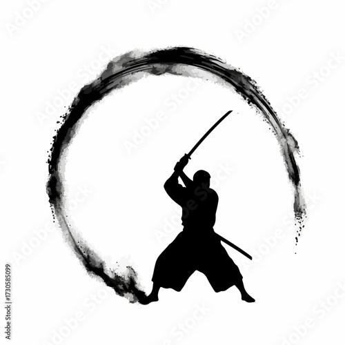 Silhouette of a samurai warrior swinging a katana sword to create a dynamic ink wash circle (Ensō). Concept for martial arts, discipline, and power. Isolated vector illustration.