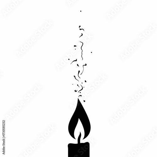 Black silhouette of a candle flame with magical sparks rising. Vector illustration for concepts of hope, celebration, memory, or making a wish.