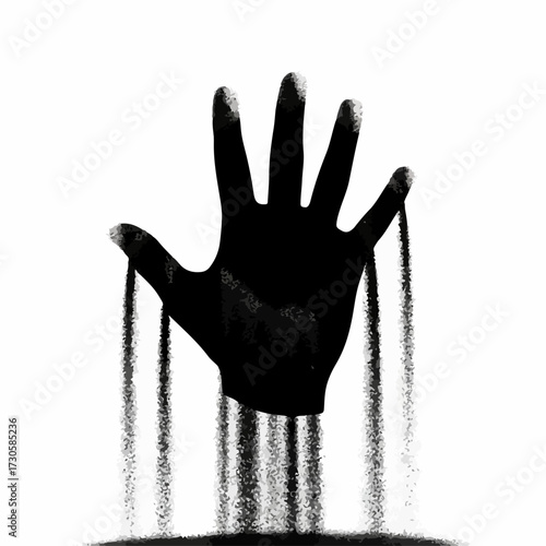 Silhouette of a hand dissolving into falling sand. Conceptual illustration for the passage of time, loss, and impermanence. Isolated vector graphic.