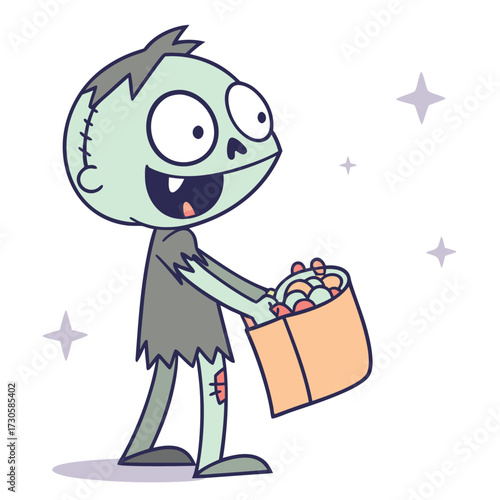 Adorable cartoon zombie kid trick-or-treating gleefully with a bag full of candy under a starry sky for Halloween promotions and fun designs