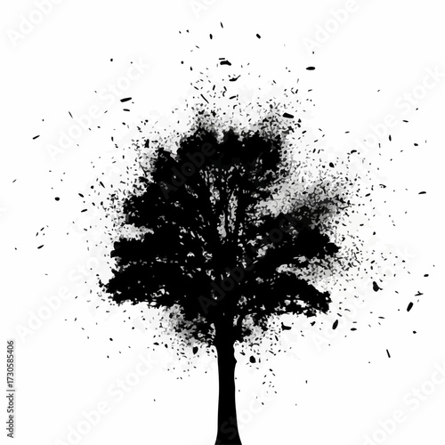 Abstract illustration of a tree silhouette exploding and dispersing into particles. Vector graphic concept for destruction, environmental issues, decay, or transformation. Isolated on white background