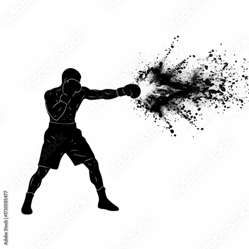 Dynamic silhouette of a boxer throwing a powerful punch that explodes into particles. Concept for strength, impact, and combat sports. Isolated vector illustration.