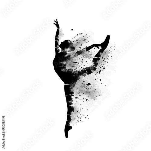 Graceful ballerina silhouette in a dynamic dance pose, dissolving into abstract watercolor splatters. Artistic concept of beauty, performance, and creativity. Isolated vector graphic.