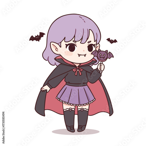 chibi-style girl vampire, wearing a small skirt and cape too big for her, holding a bat-shaped lollipop