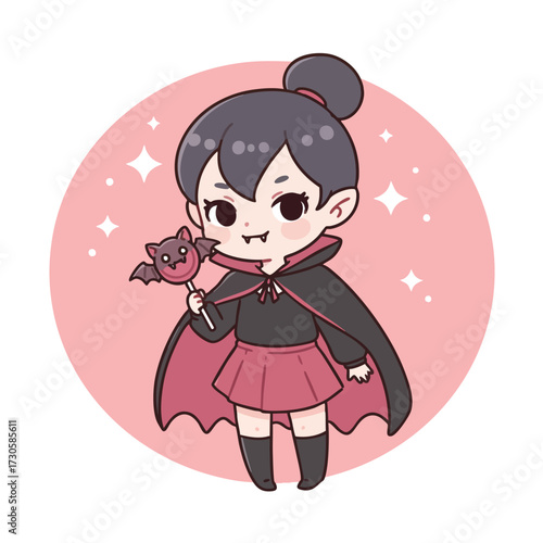 chibi-style girl vampire, wearing a small skirt and cape too big for her, holding a bat-shaped lollipop