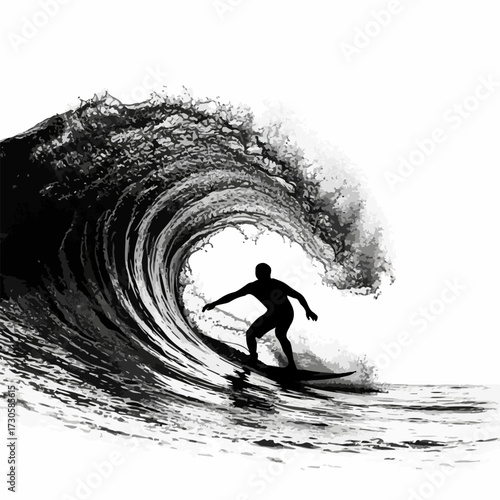 Dynamic black and white silhouette of a surfer riding a powerful, curling barrel wave. Graphic illustration for extreme water sports and adventure concepts.