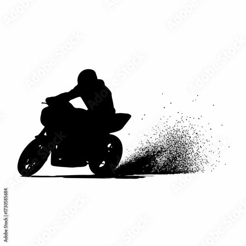 Silhouette of a biker on a sport motorcycle performing a burnout with a spray of particles from the rear wheel. Extreme motor sport concept for speed, power, and drifting. Isolated vector illustration