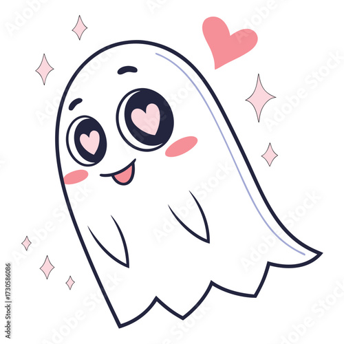 Adorable ghost cartoon character with heart eyes and blushing cheeks, perfect for Valentine's Day cards and cute designs, spreading love and spooky fun