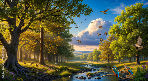 Forest River Serenity: A picturesque landscape showcasing a serene river flowing through a lush forest under a bright blue sky, offering a sense of tranquility and harmony with nature.