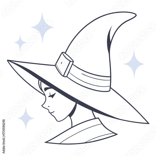 Enchanting witch profile illustration with magical sparkles perfect for Halloween or fantasy themes