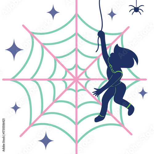 Dynamic silhouette woman swings on spider web, embracing adventure and overcoming challenges with vibrant style