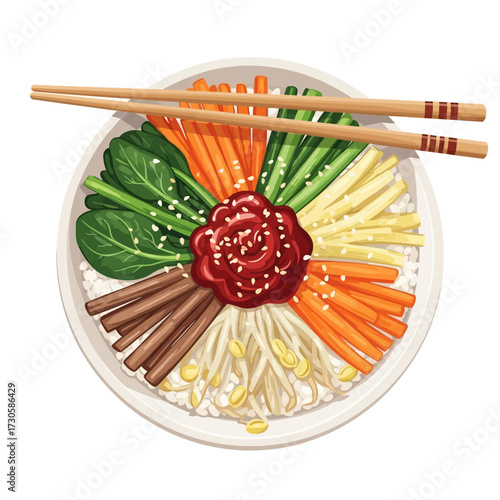 Vibrant overhead view of a traditional Korean Bibimbap bowl with rice, assorted colorful vegetables, meat, a dollop of gochujang, and chopsticks.