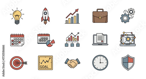 Business and Strategy Icons Set - Idea, Rocket, Growth, Briefcase, Gears, Calendar, Target, Handshake.