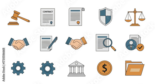 A collection of legal business and finance vector icons.