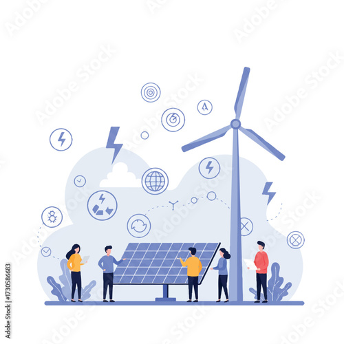 A vibrant Flat 2D vector illustration showcases a group of people near a solar panel array and wind turbine, representing clean renewable energy generation with floating abstract symbols.