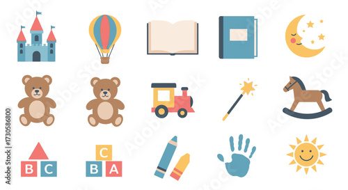 Collection of Colorful Childrens Toys and Educational Items.