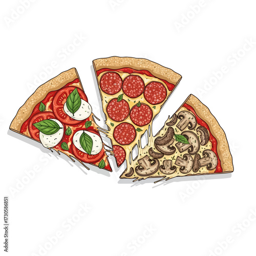 Illustration of three classic pizza slices: Margherita, Pepperoni, and Mushroom, isolated on a white background.