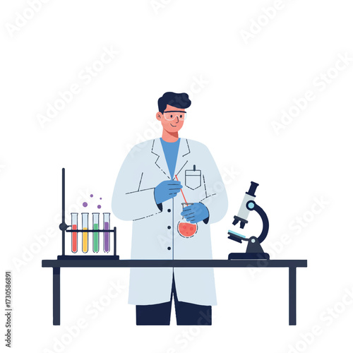 A focused scientist in a lab coat precisely mixes chemicals in a beaker during an experiment, surrounded by a test tube rack and microscope on a lab bench in a vibrant 2D flat vector illustration.