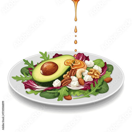 A fresh and healthy salad with avocado, nuts, feta cheese, and dressing being drizzled on a white plate.