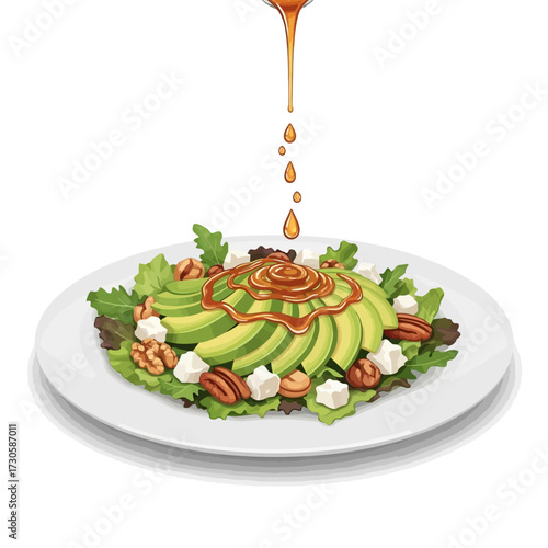 A delicious and healthy salad with sliced avocado, feta cheese, walnuts, and pecans being drizzled with a sweet vinaigrette dressing.