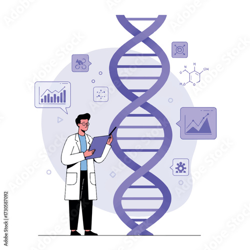 A vibrant 2D flat vector illustration depicts a focused geneticist examining a large, stylized DNA double helix, surrounded by abstract genetic information on a clean white background.