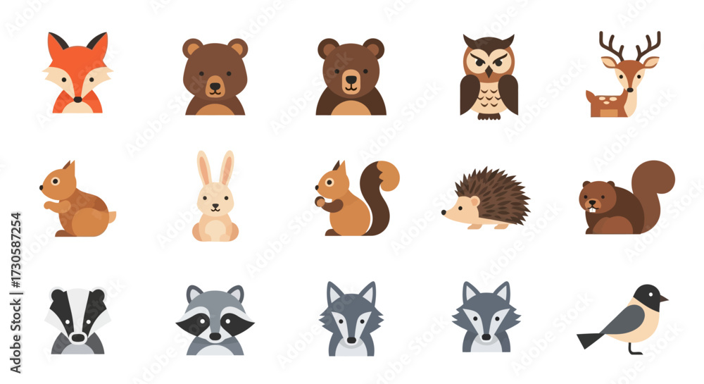 Fototapeta premium Collection of cute cartoon forest animals in a flat design style.