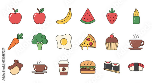 Collection of colorful food and drink icons for healthy eating and fast food.