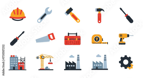 Collection of construction tools and industrial building icons.