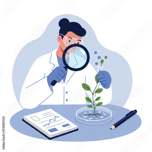 Biologist intently observes a plant in a petri dish using a magnifying glass, with a notebook and pen for data recording, in a vibrant 2D flat vector illustration.