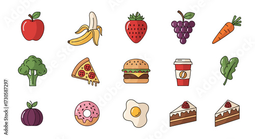 Collection of delicious and unhealthy food items and fruits.
