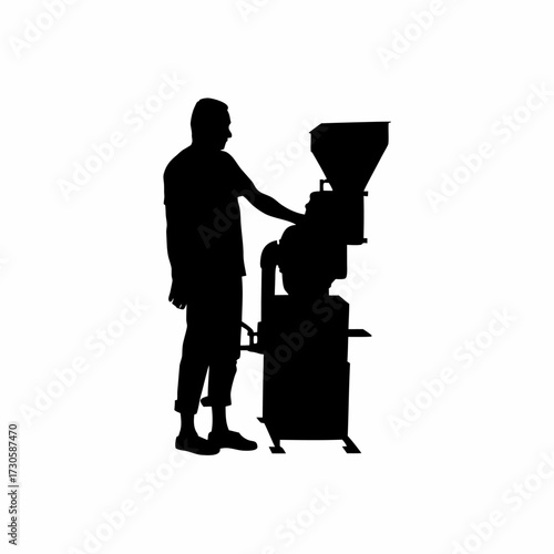 Silhouette of worker monitoring rice polishing equipment isolated on white background