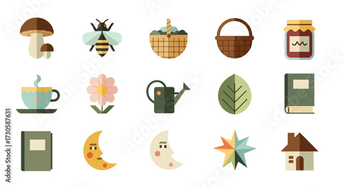 Collection of nature and home icons including plants, moon, house, and book.
