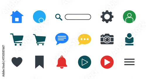 Collection of various colorful icons representing different functions and actions.