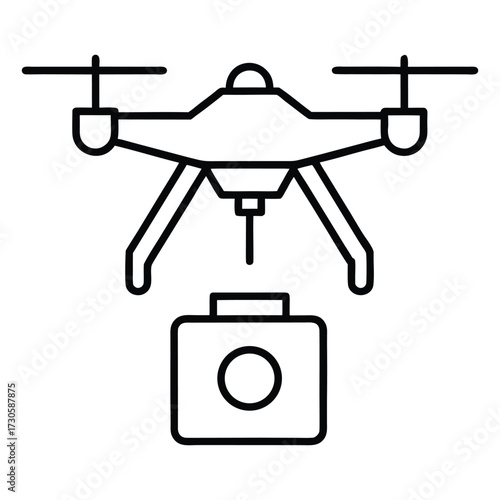 Black line art drone with camera icon on white background quadcopter aerial photography