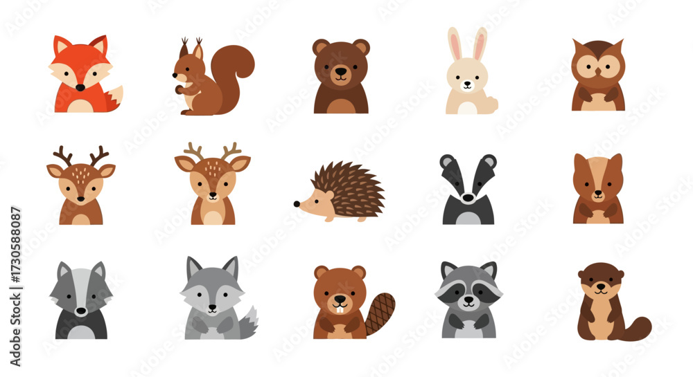Fototapeta premium Cute Cartoon Woodland Animal Faces Vector Collection.